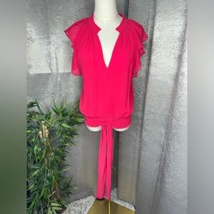 Ramy Brook New York Meredith Short Flutter Sleeves Blouse Top Red Sz M